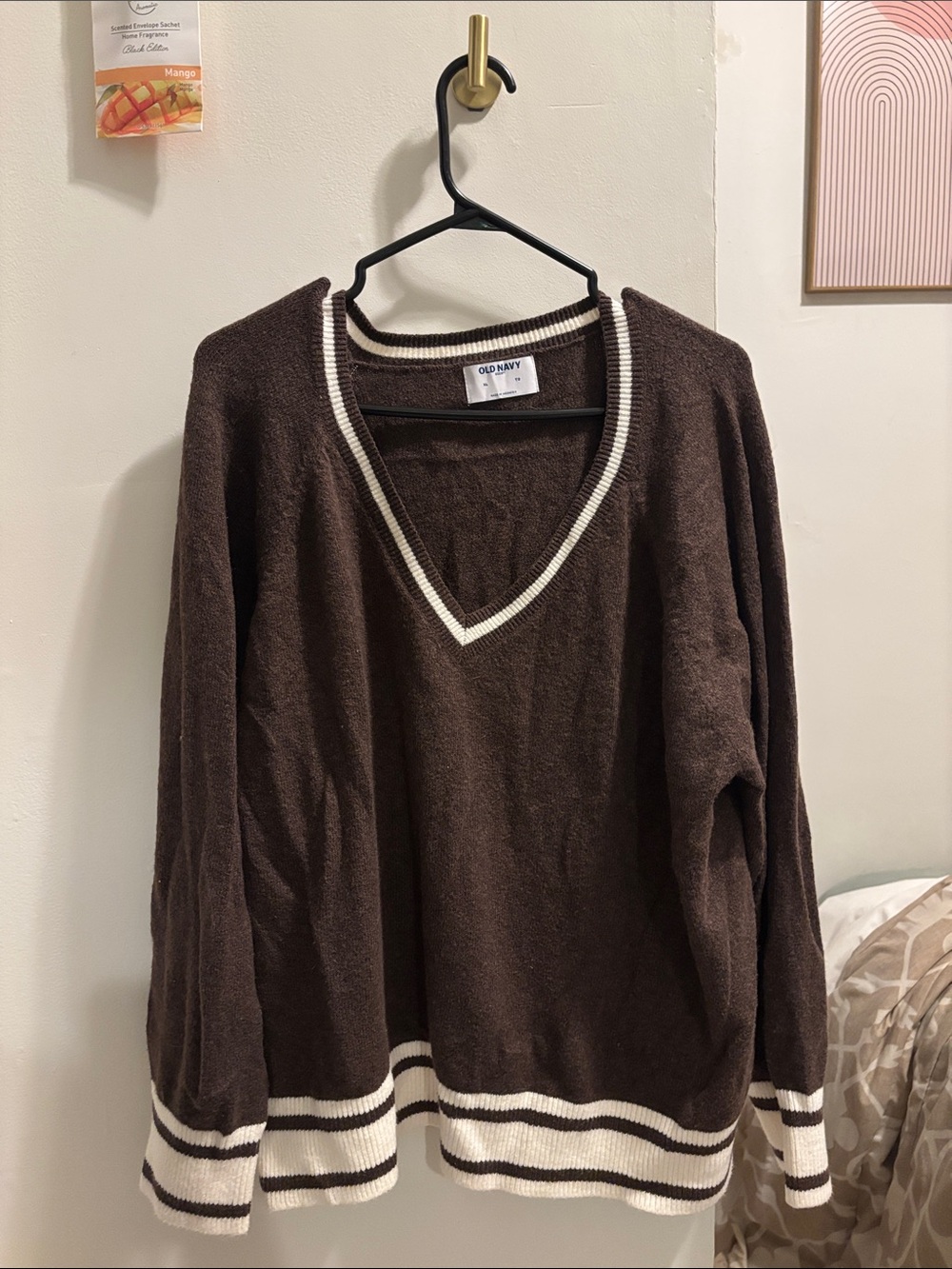 Old Navy Brown V-Neck Sweater with Cream Stripe Trim